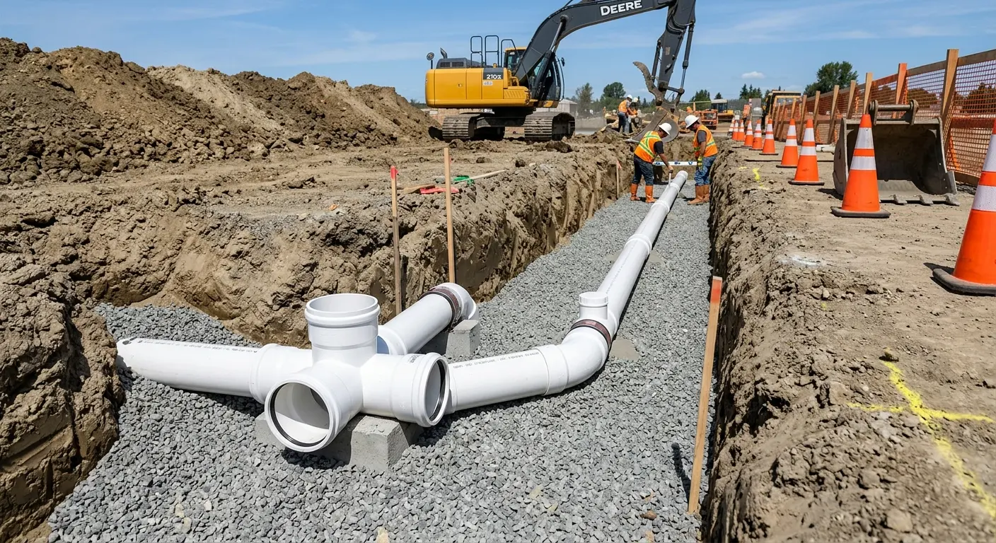 New PVC sewer pipe installation in open trench for Sewer Backup in Bluffdale