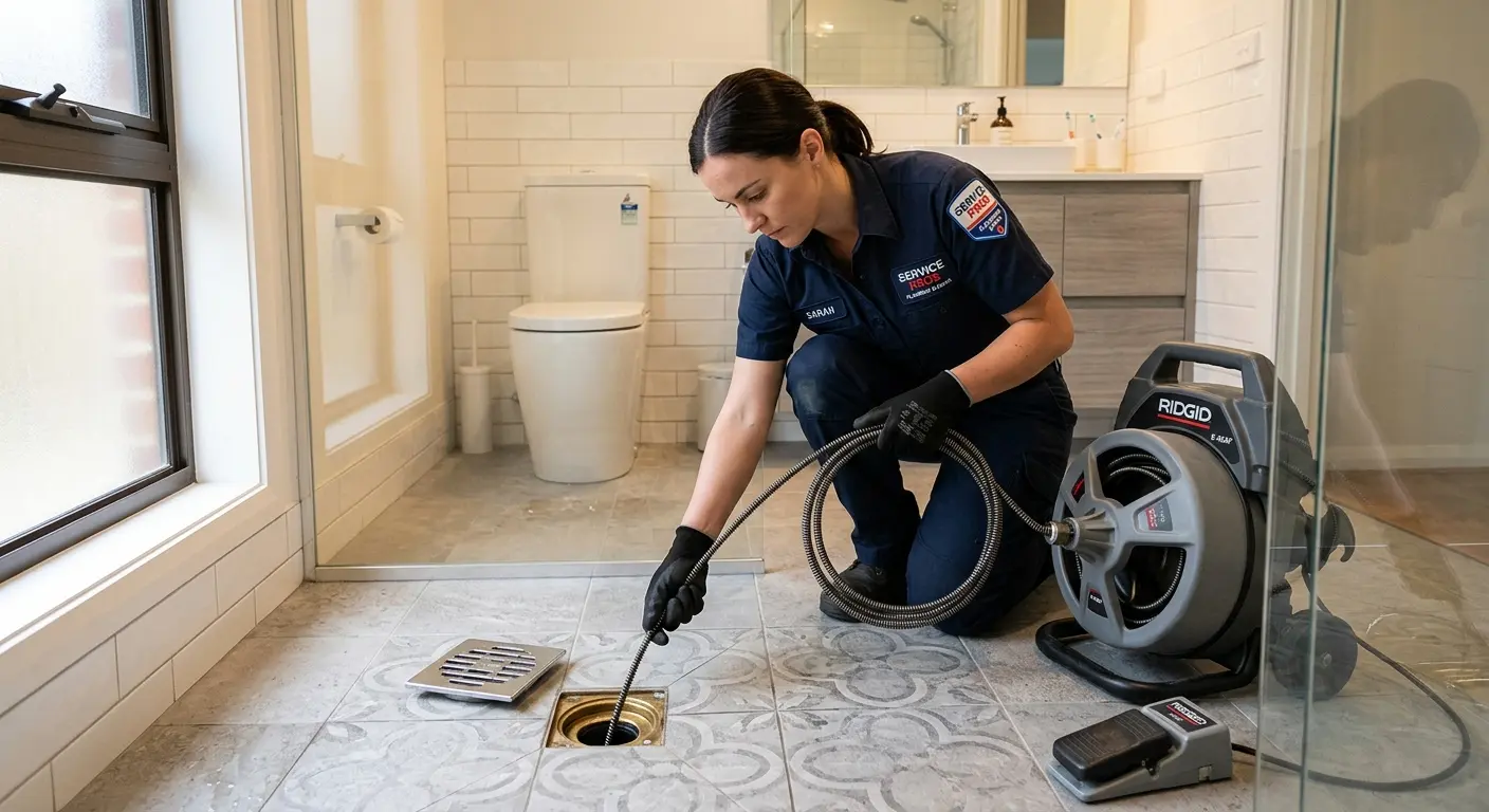 Technician clearing a bathroom floor drain for Clogged Drain Repair in Bluffdale